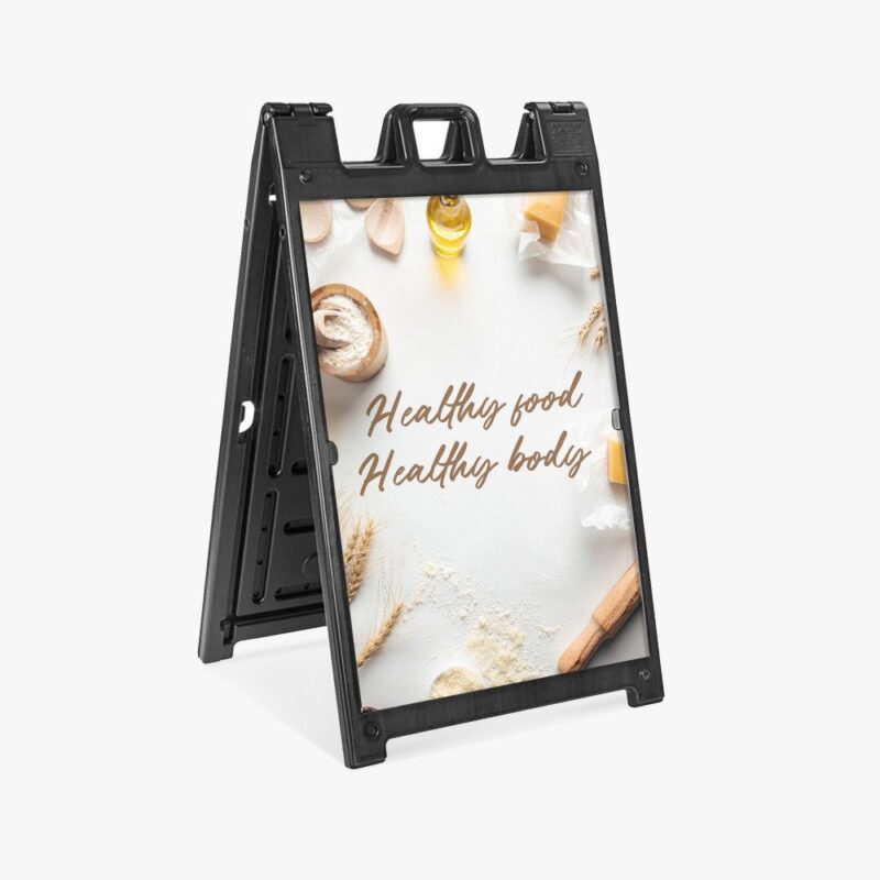 Black sandwich board: Healthy food, healthy body.