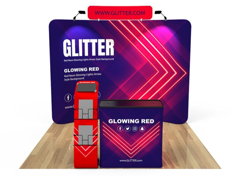 Glowing red trade show booth display.