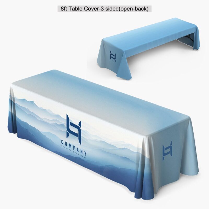 8ft printed table cover, 3-sided.