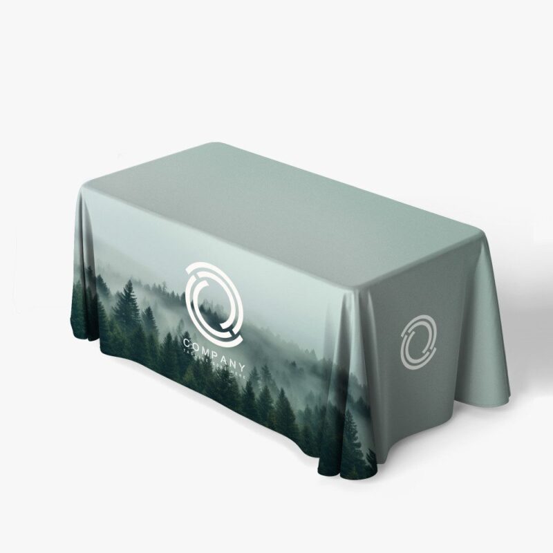 Printed table cover with company logo.