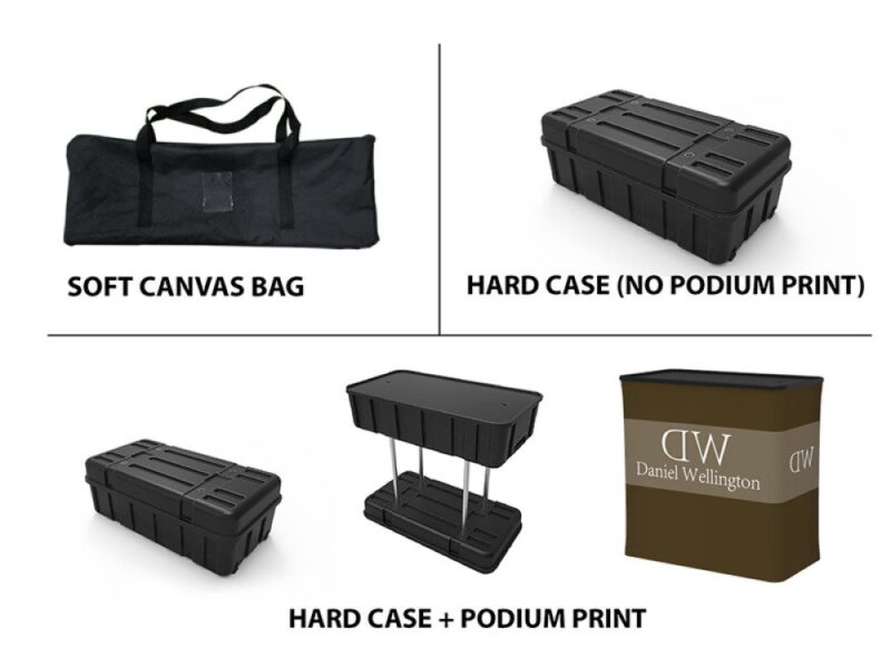 Here's an alt tag for the image: Carrying cases and printed podium.