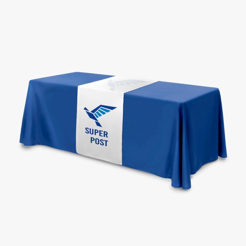 Blue tablecloth with Super Post logo.