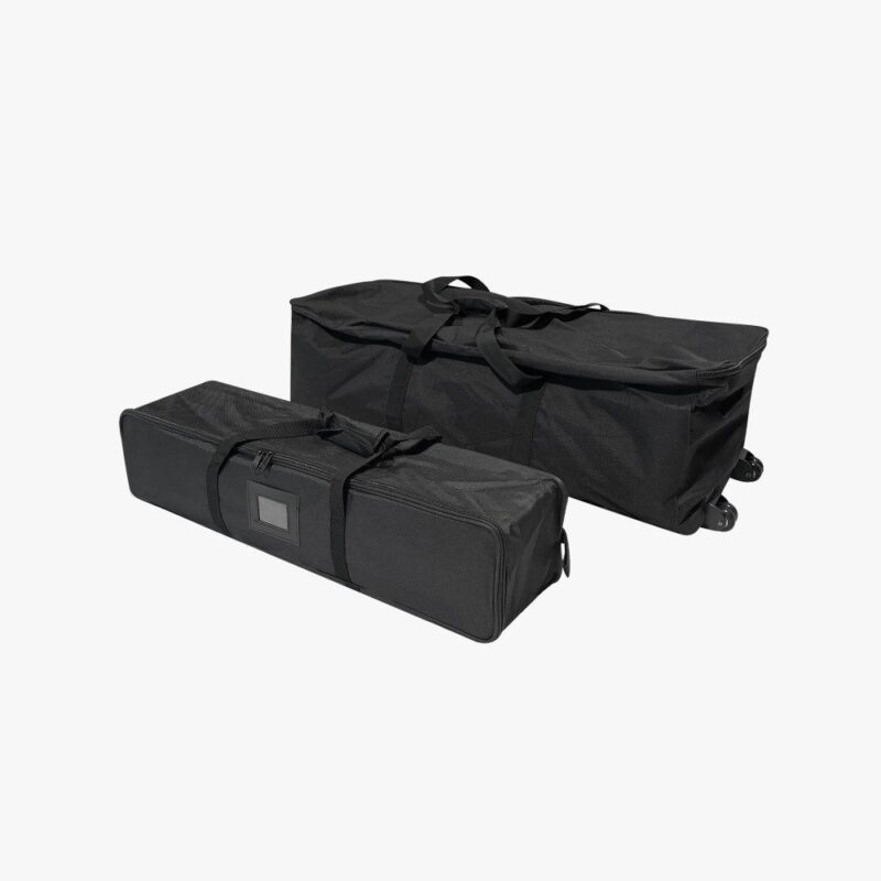 Black wheeled and shoulder bags.
