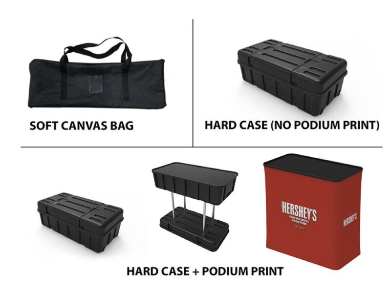 Display case, bag, and printed podium.