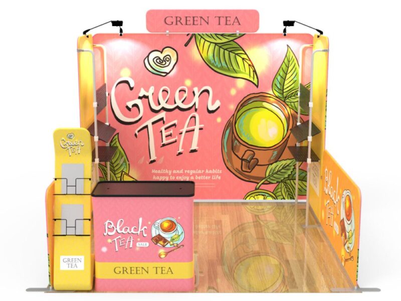 Green tea trade show booth display.