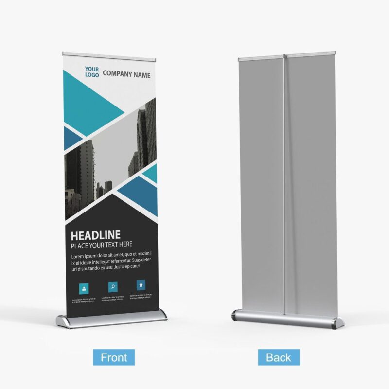 Retractable banner, front and back views.